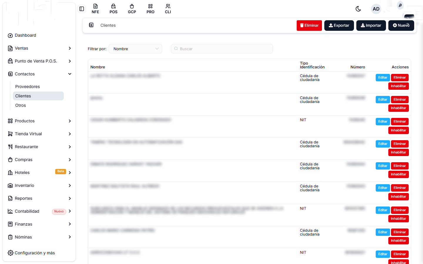 Listado de clientes, con su tipo de identificación y las acciones Editar, Eliminar e Inhabilitar