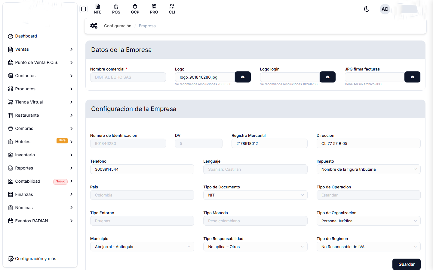 Configuración de la empresa, con los datos comerciales arriba y los tributarios abajo
