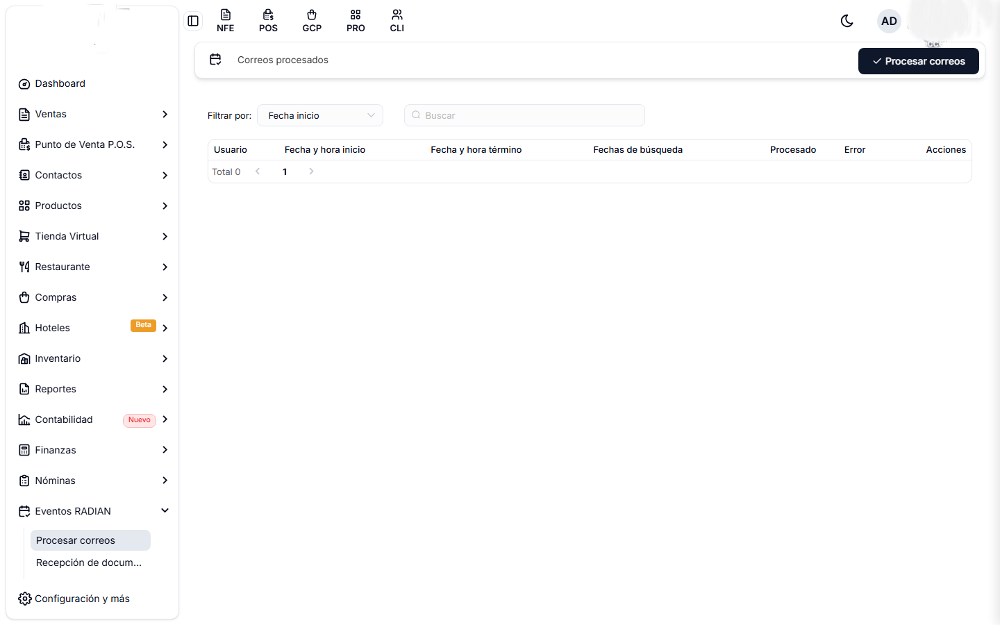 Pantalla de correos procesados, con el historial de cada ejecución