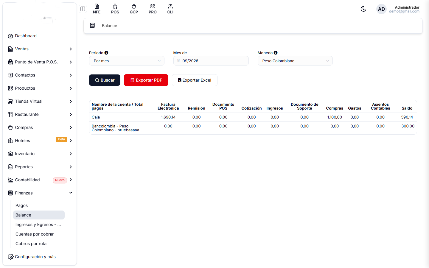 Pantalla de Balance, con el saldo de cada cuenta desglosado por tipo de documento