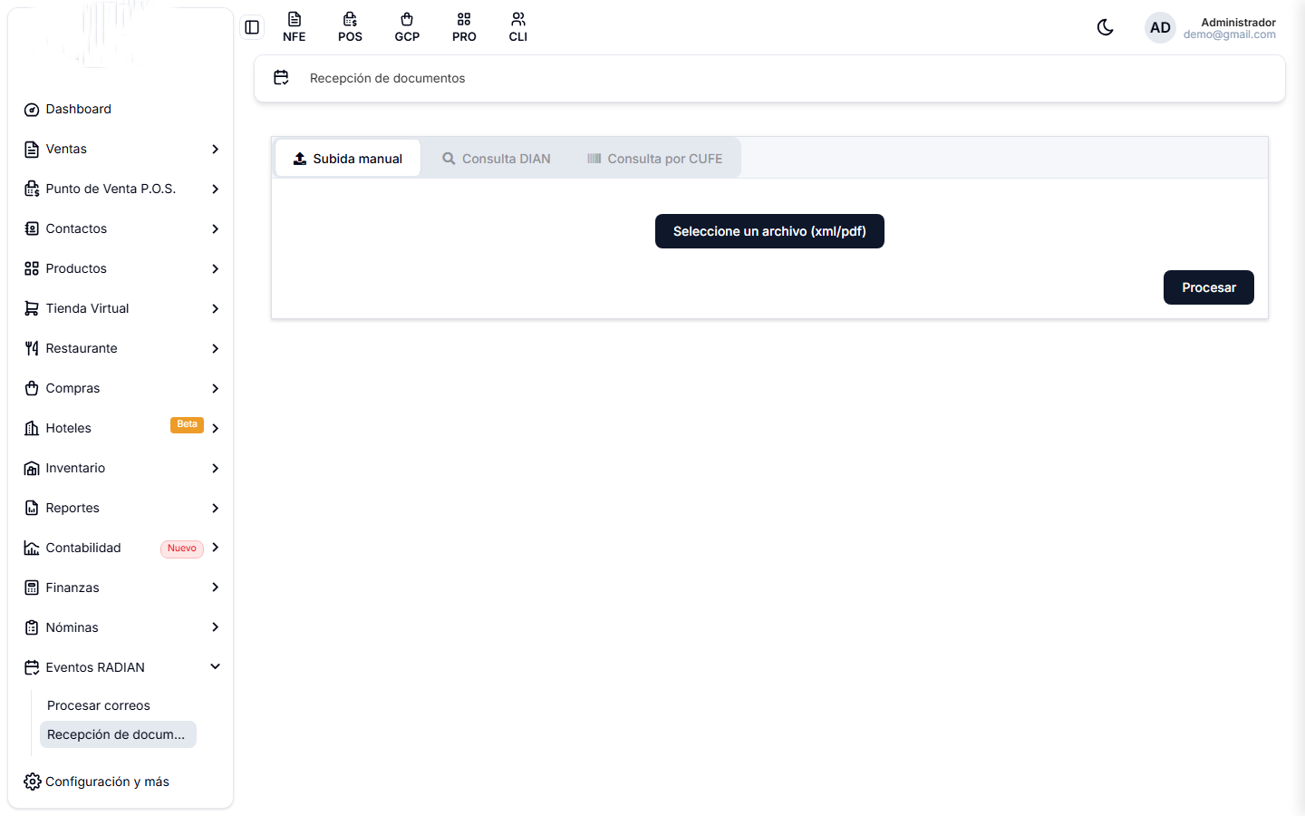 Pantalla de Recepción de documentos, con las pestañas Subida manual, Consulta DIAN y Consulta por CUFE