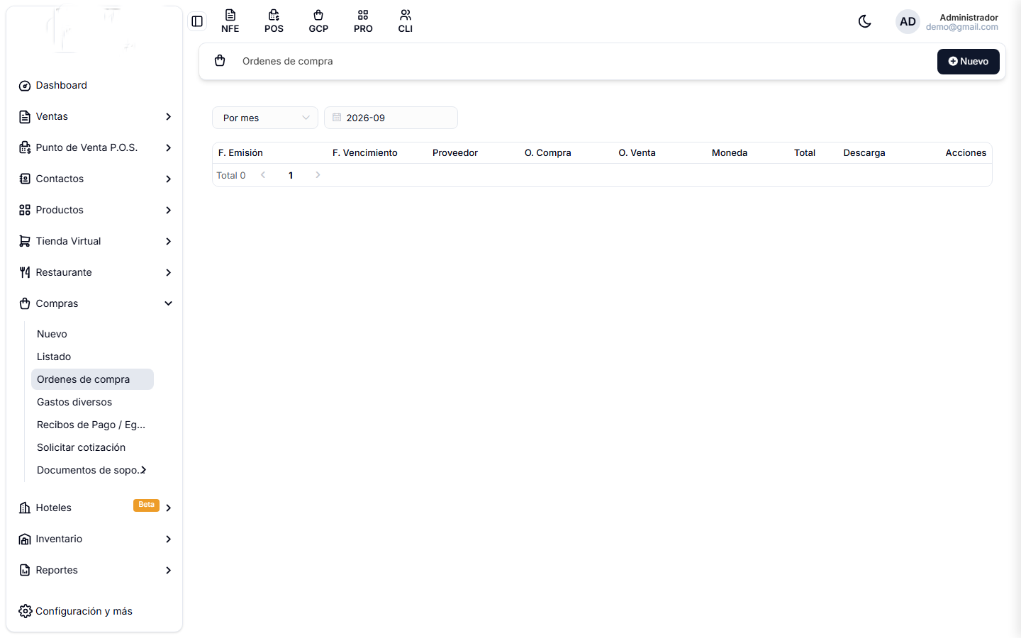 Listado de órdenes de compra, con el filtro por mes