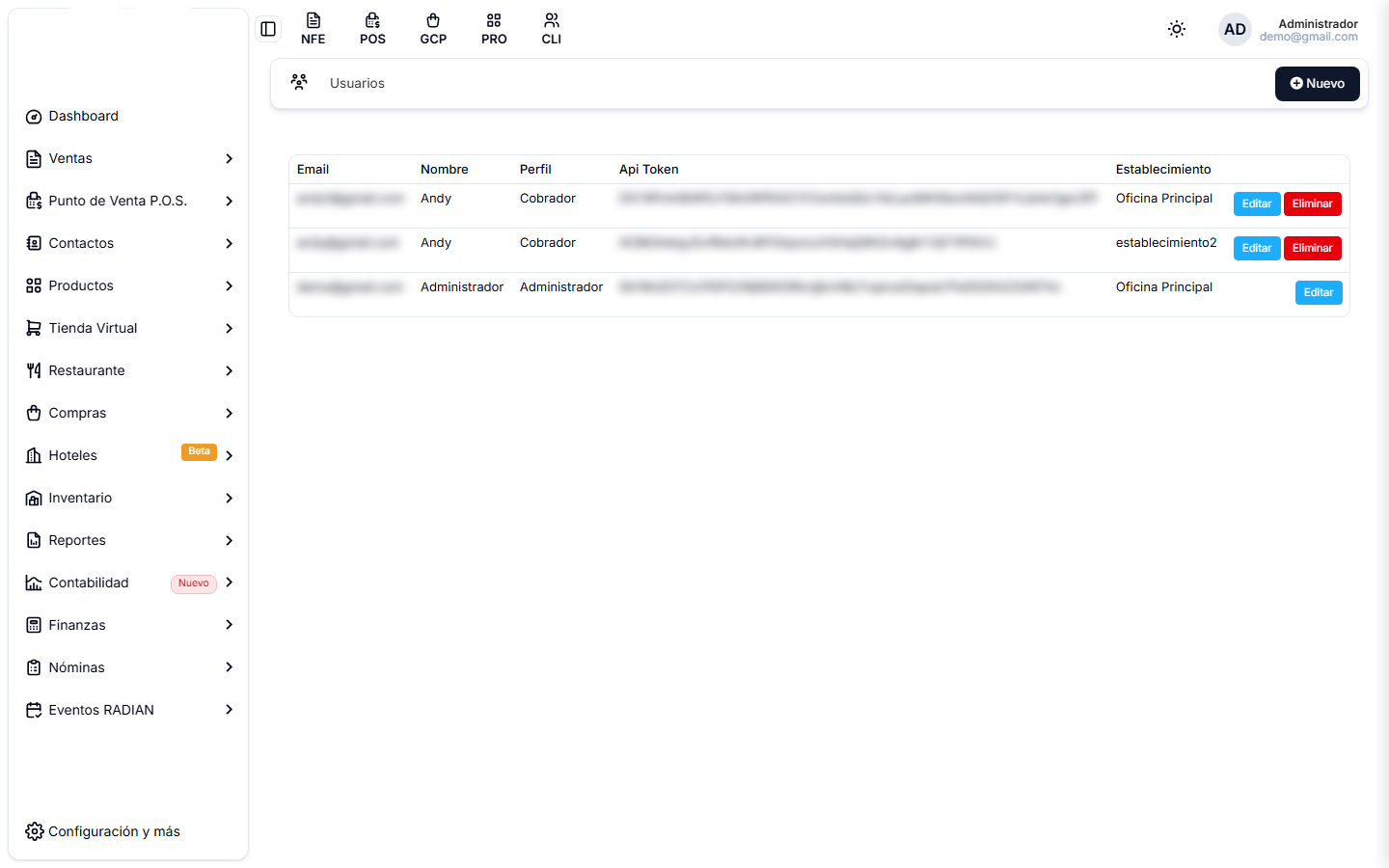 Listado de usuarios, con su perfil, su token de API y el establecimiento asignado