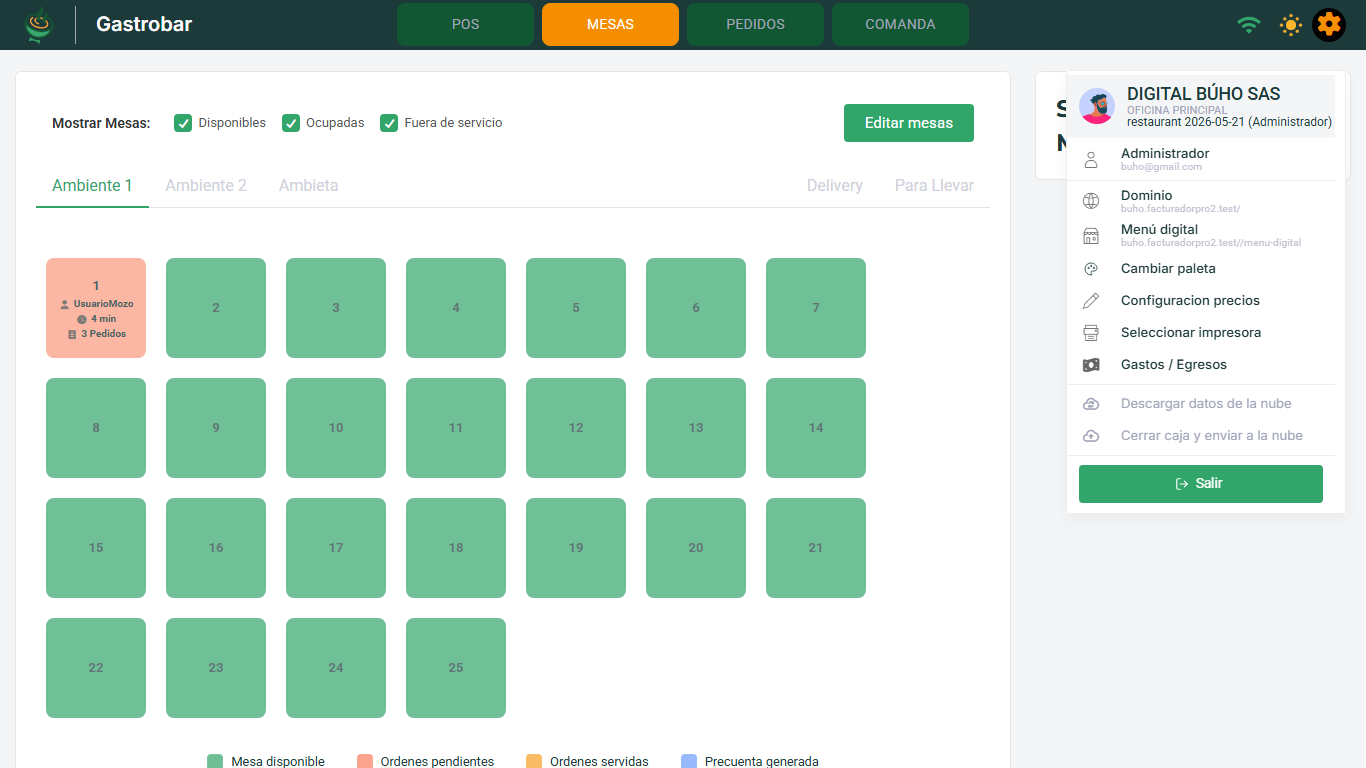 Menú de configuración desplegado, con el nombre del negocio, la caja actual y las opciones
