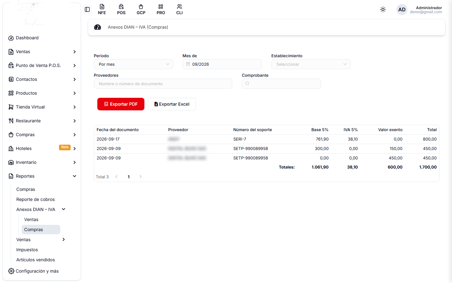 Anexo DIAN IVA de compras, con la base gravable y el IVA de cada documento
