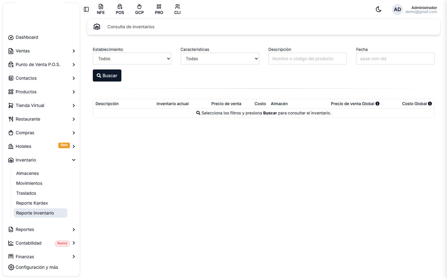Pantalla de Consulta de inventarios, con sus filtros y el aviso de presionar Buscar