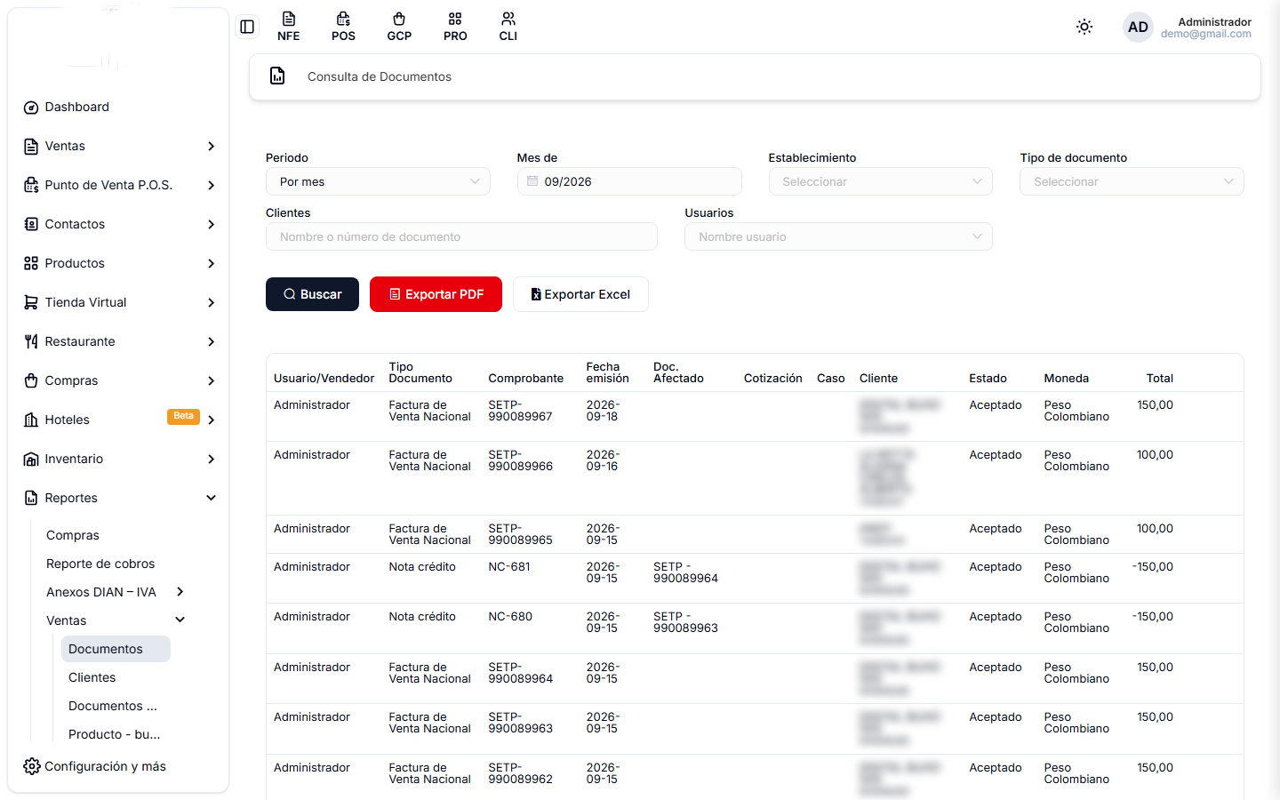 Consulta de Documentos, con los filtros arriba y el listado de ventas del periodo