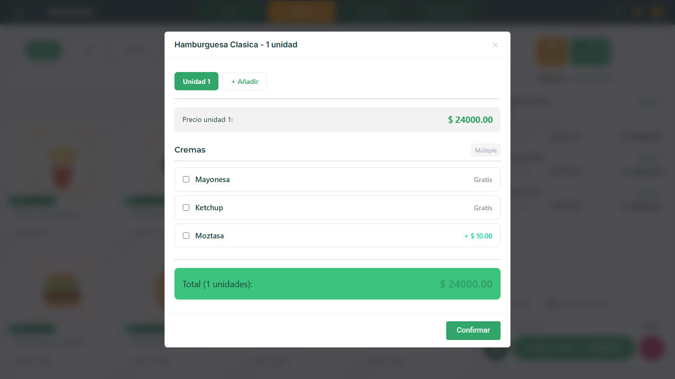 Ventana de modificadores con los grupos de opciones, su precio adicional y el total por unidad