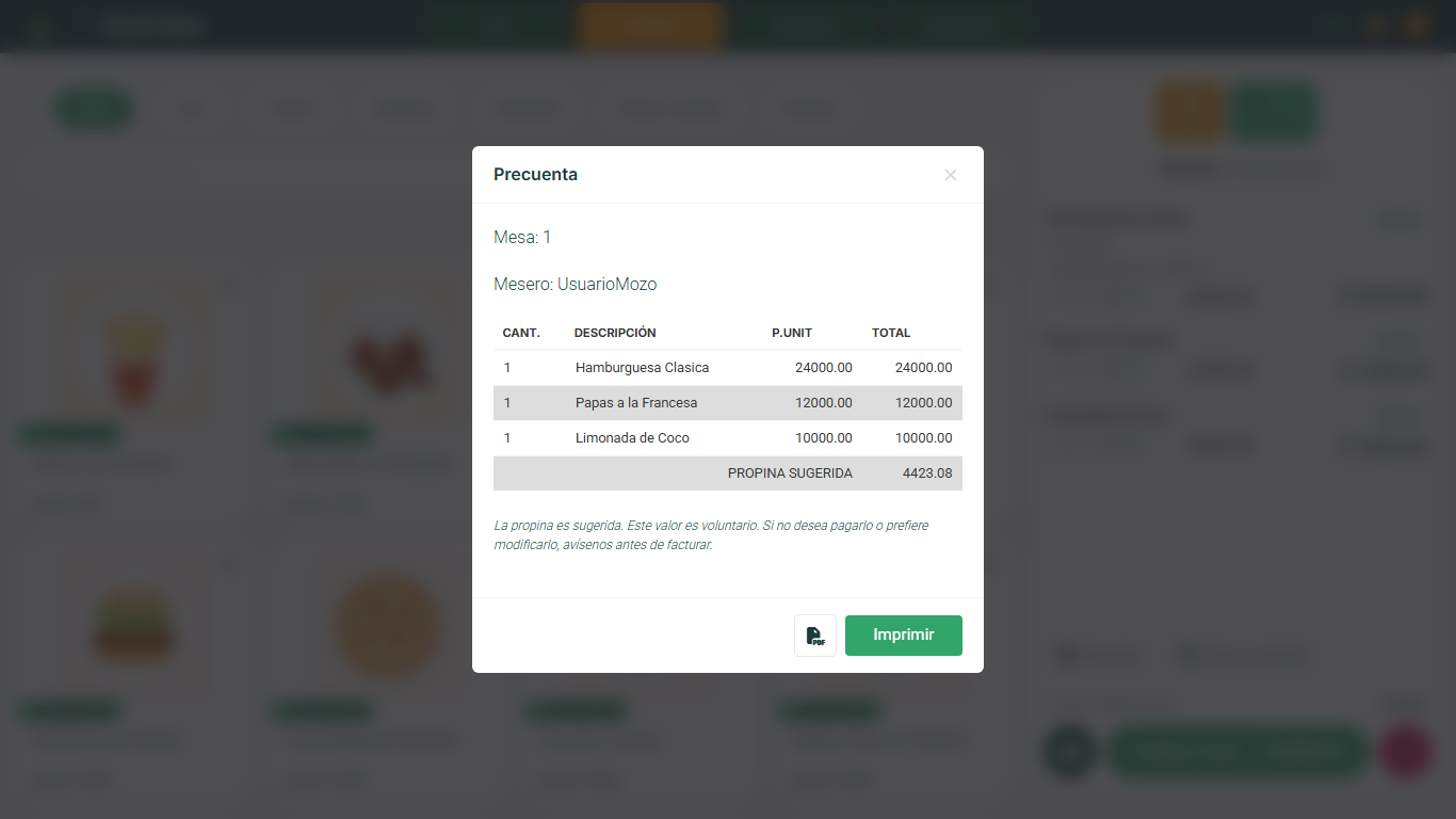Modal Precuenta con la mesa, el mesero, el detalle de productos y la propina sugerida