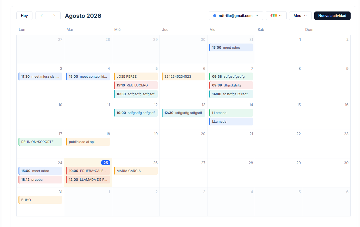 Calendario en vista Mes, con las actividades, reuniones y reservas de cada día en colores distintos