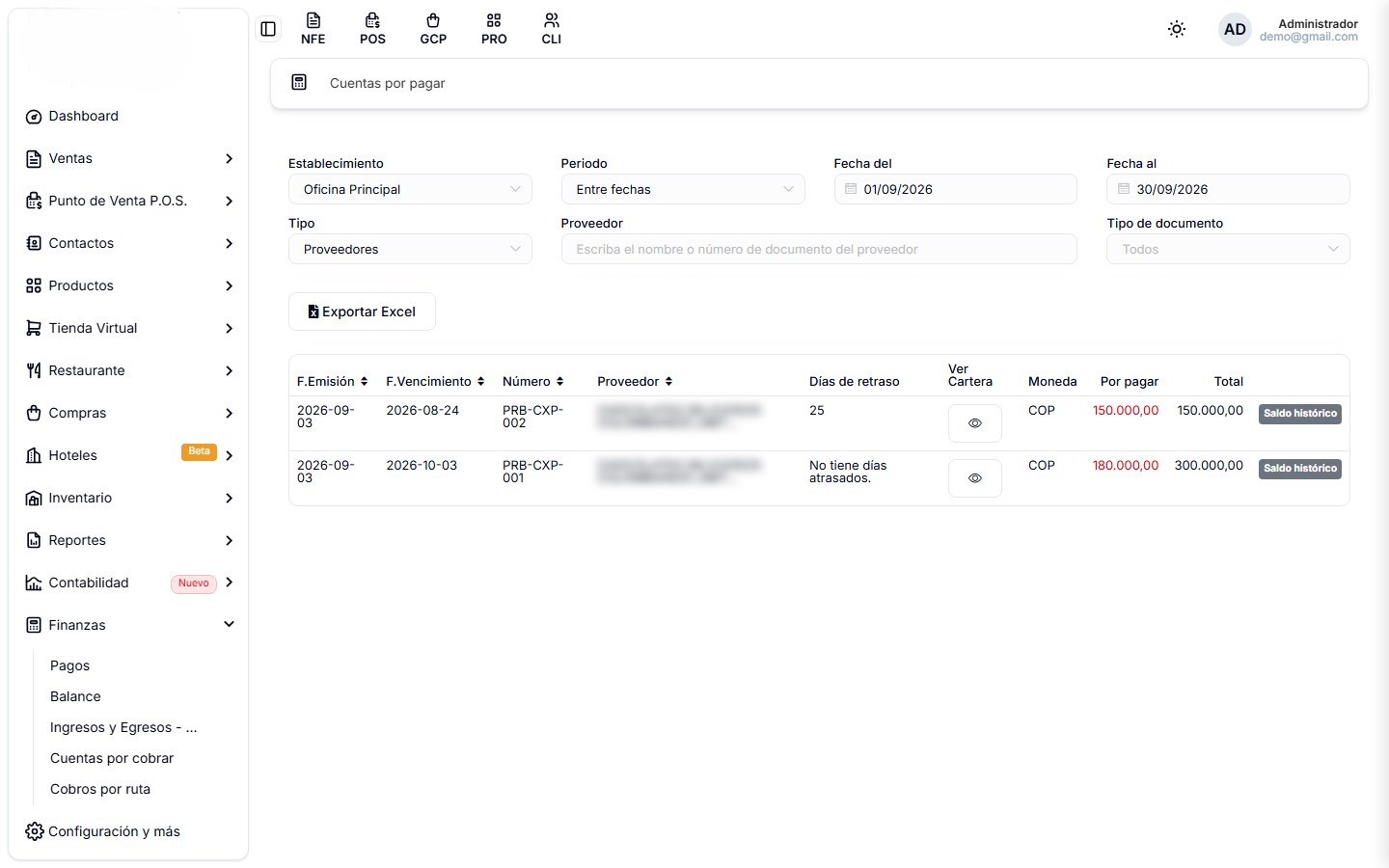 Pantalla de Cuentas por pagar, con los días de retraso y el saldo por pagar de cada compra