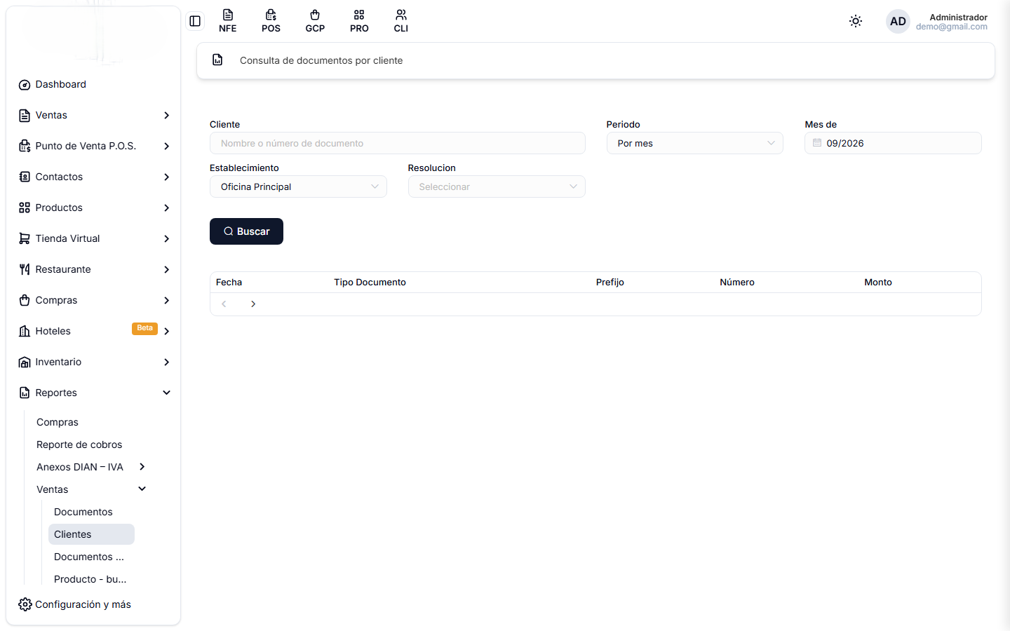 Consulta de documentos por cliente, con el campo de cliente arriba
