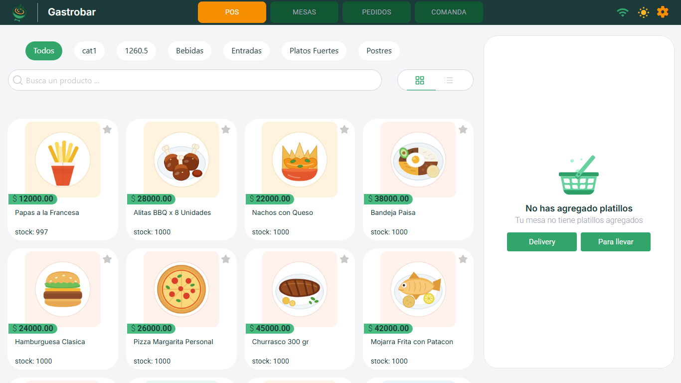 Pantalla POS con las categorías, el buscador, las tarjetas de productos y el carrito vacío con los botones Delivery y Para llevar