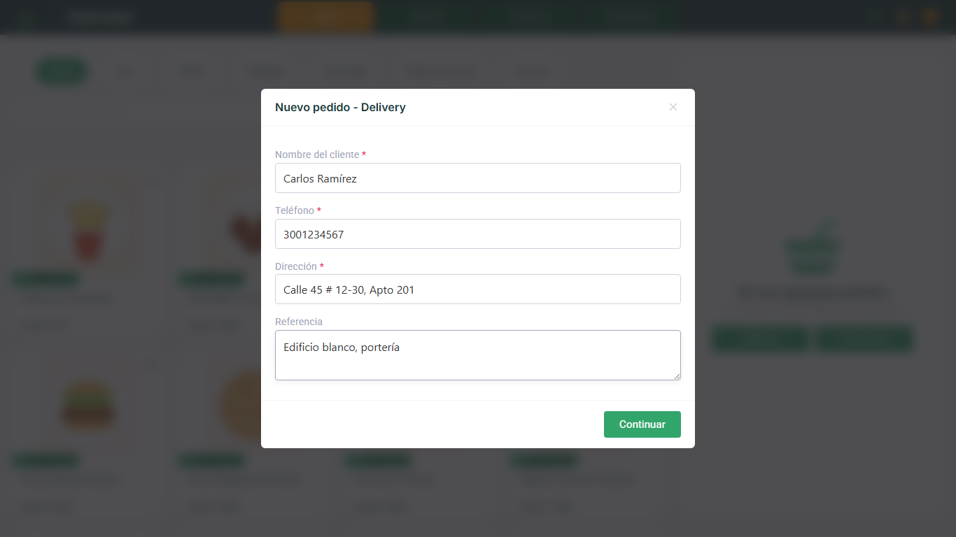 Ventana Nuevo pedido - Delivery con nombre del cliente, teléfono, dirección y referencia