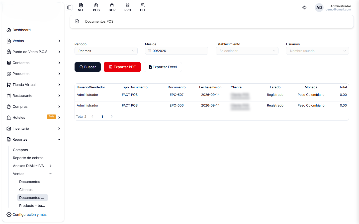 Reporte de Documentos POS, con los tiquetes del periodo y su usuario