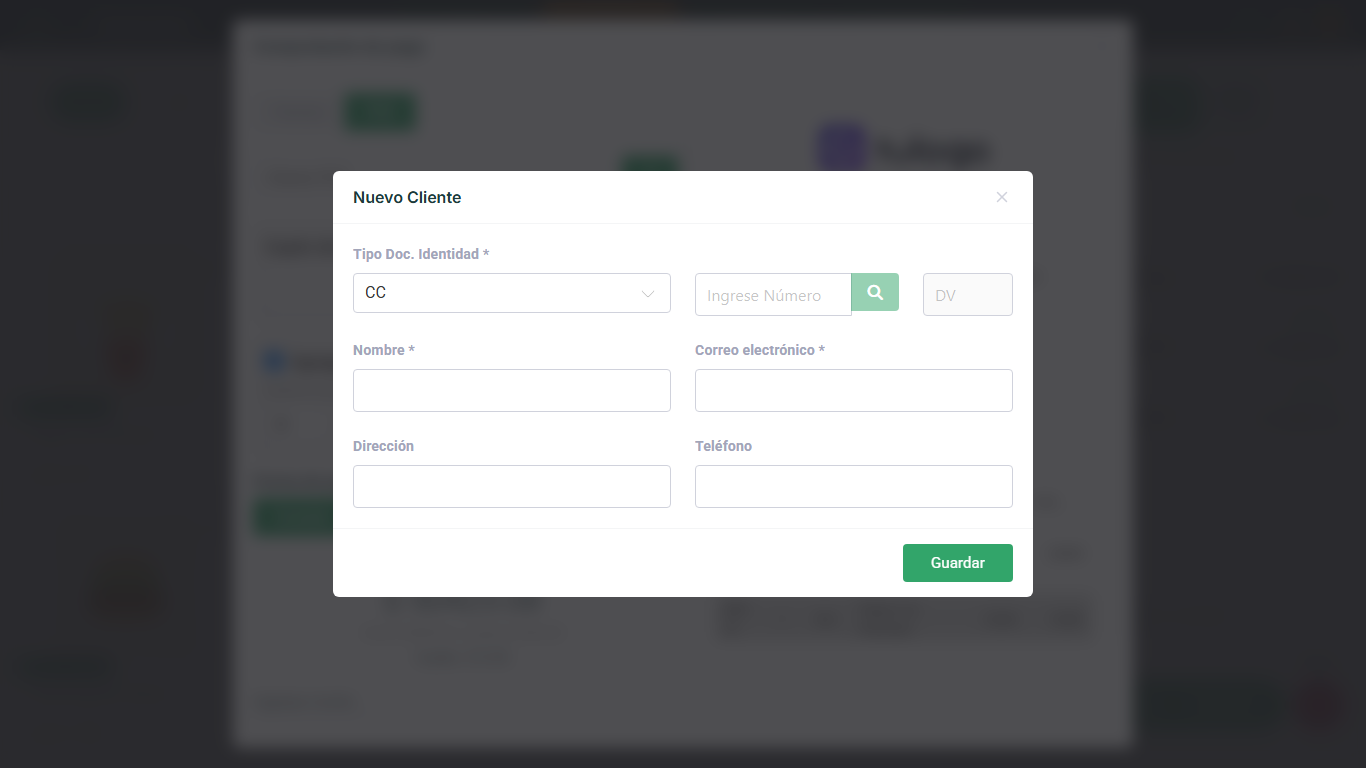 Ventana Nuevo Cliente con el tipo y número de documento, el dígito de verificación, nombre, correo, dirección y teléfono