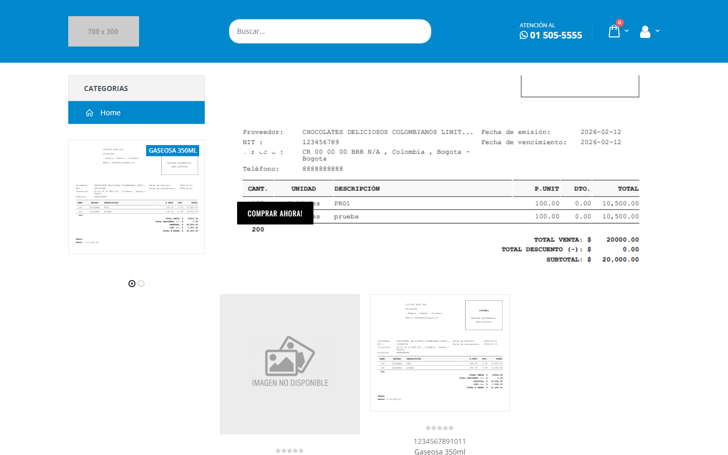 La tienda pública tal como la ve el comprador: el logo y el buscador arriba, las categorías a la izquierda, el banner de promociones y los productos publicados