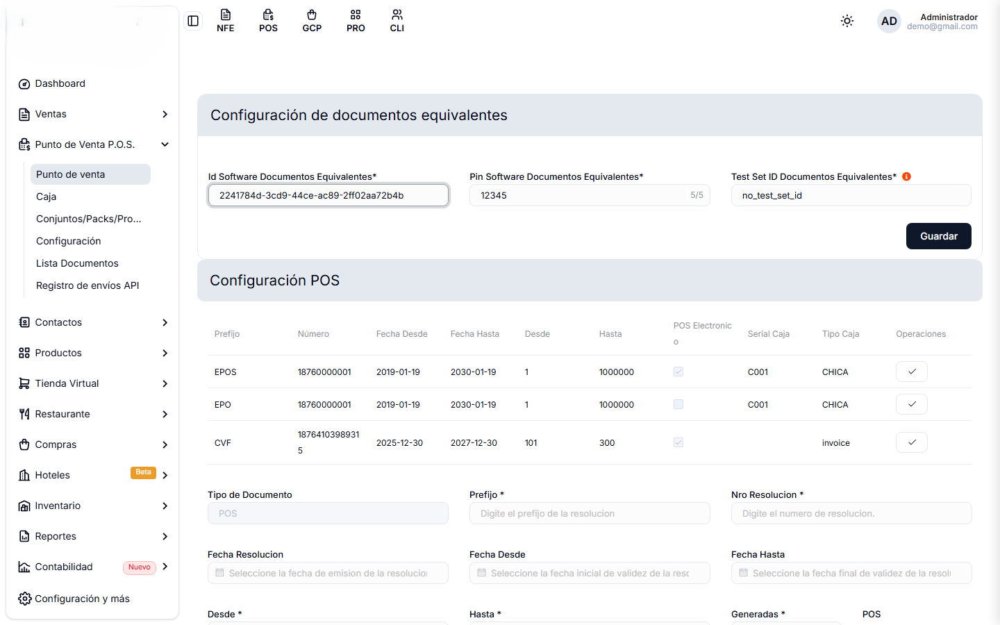 Configuración del POS, con las credenciales de documentos equivalentes arriba y las resoluciones abajo