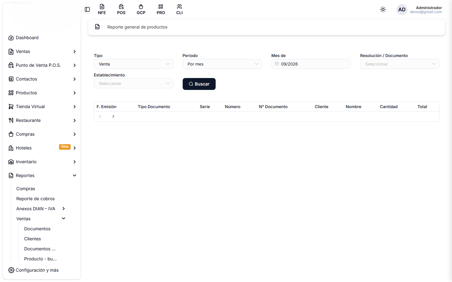 Reporte general de productos, con sus filtros por tipo, periodo y resolución