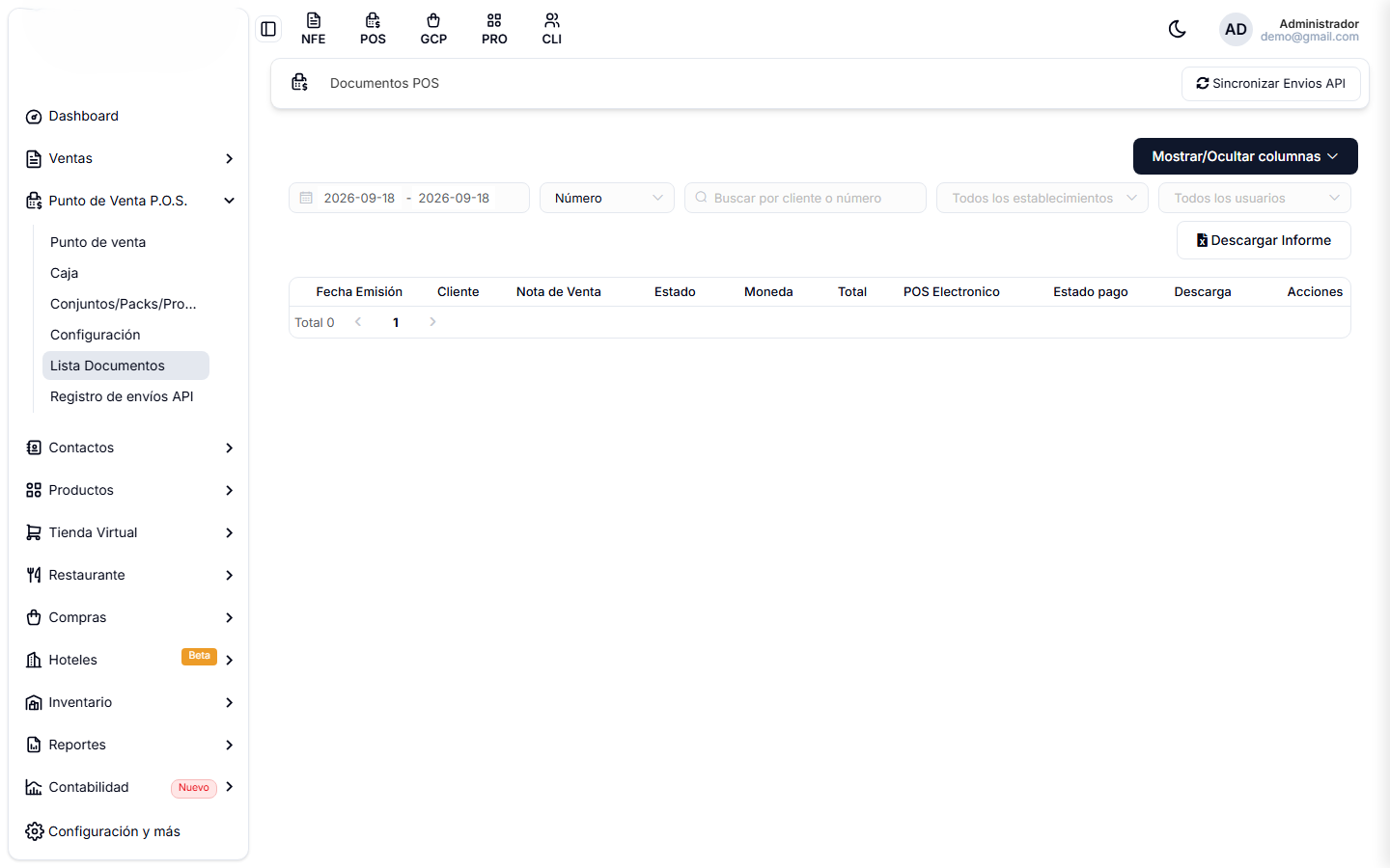 Pantalla Documentos POS, con el rango de fechas y los filtros por establecimiento y usuario
