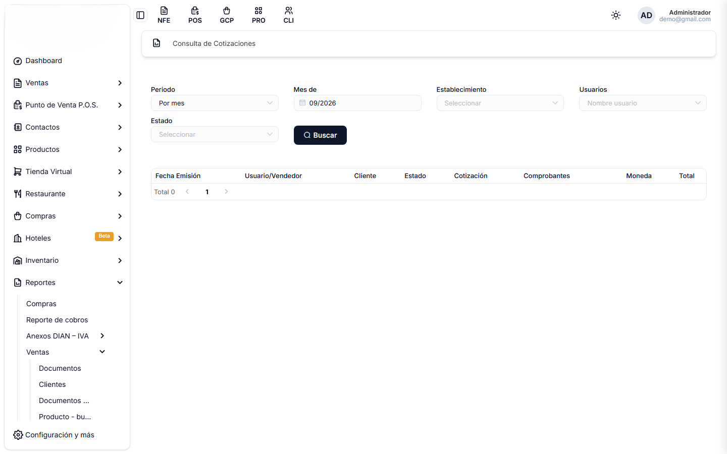 Reporte de cotizaciones, con sus filtros por periodo, cliente y estado