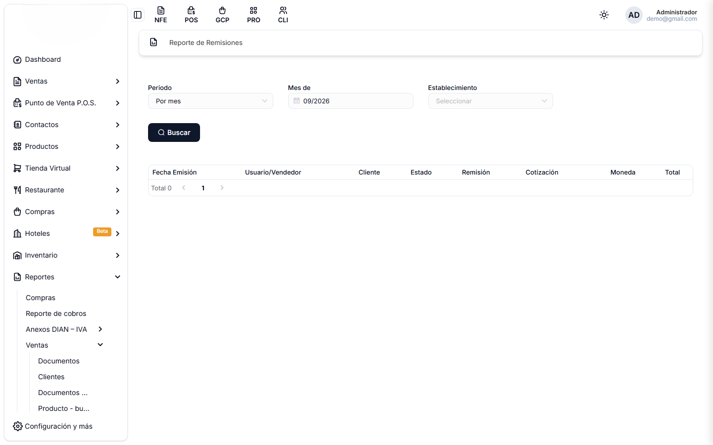 Reporte de remisiones, con sus filtros por periodo y cliente