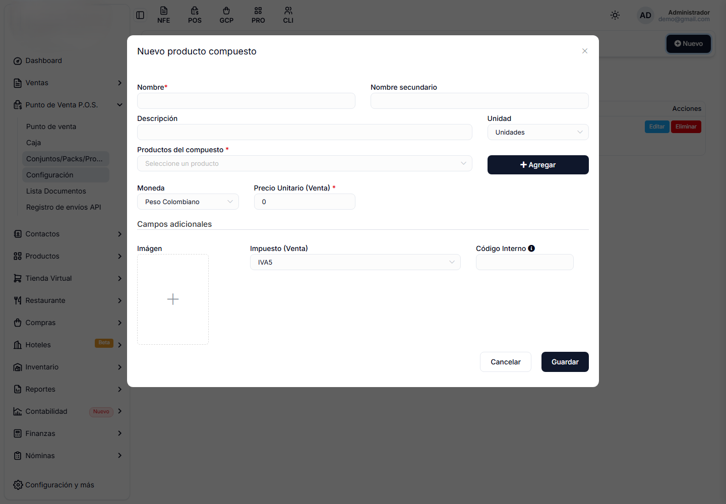 Ventana de nuevo producto compuesto