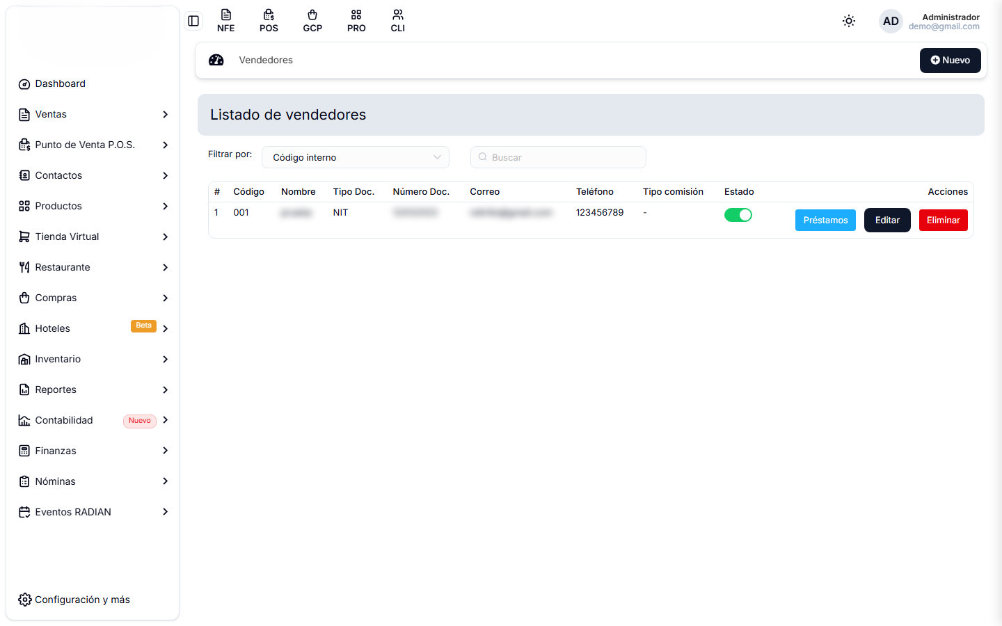 Listado de vendedores con el interruptor de estado y los botones Préstamos, Editar y Eliminar