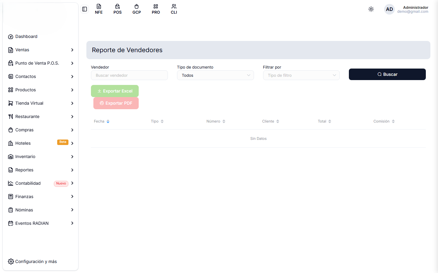 Reporte de Vendedores, con las columnas Total y Comisión ordenables