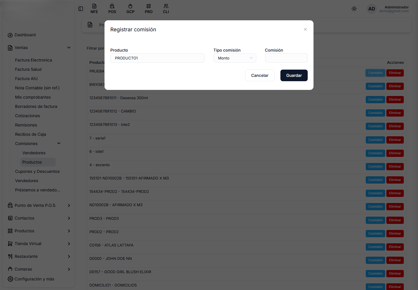 Ventana para asignar la comisión de un producto