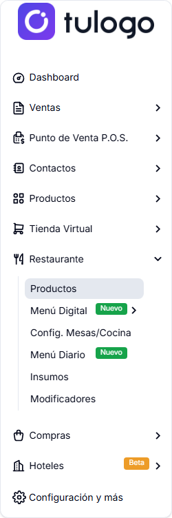 Menú lateral con el módulo Restaurante desplegado