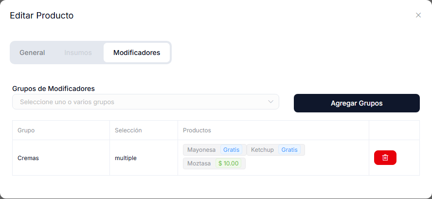 Pestaña Modificadores de un producto