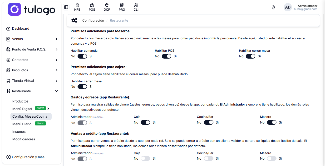 Bloques de permisos para meseros, cajero, gastos y ventas a crédito