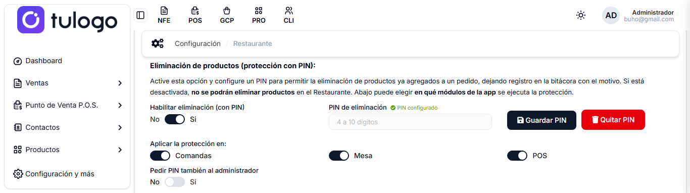 Bloque de eliminación de productos con PIN