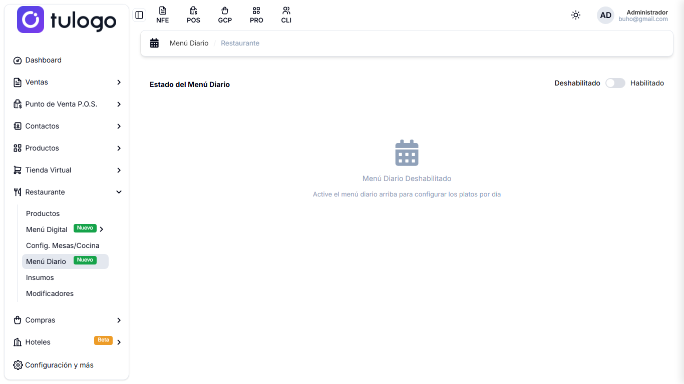 Pantalla Menú Diario con el interruptor en Deshabilitado y el aviso Menú Diario Deshabilitado