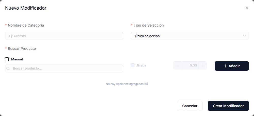 Diálogo Nuevo Modificador con la casilla Manual desmarcada, que muestra el buscador de productos