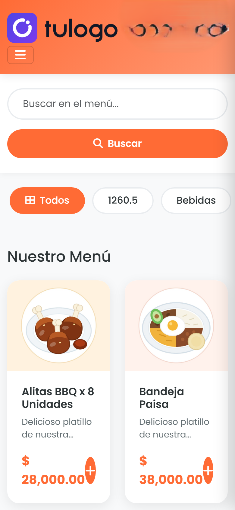 Carta digital vista desde un celular, con el buscador, las categorías y los productos con su precio y botón para agregar
