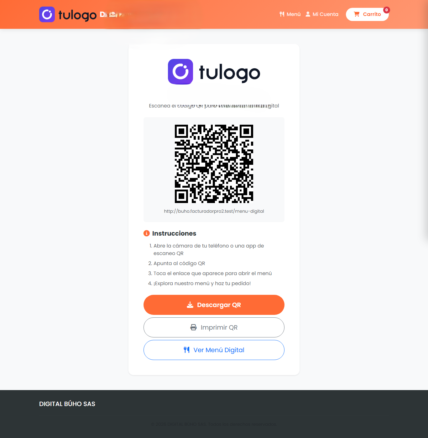 Página del código QR con el logo del negocio, el código, las instrucciones para el cliente y los botones Descargar QR, Imprimir QR y Ver Menú Digital